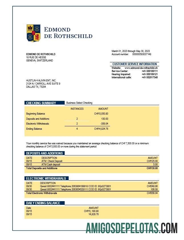 Realista Banque Privee Edmond De Rothschild Organização Verificando Extrato de Conta Modelo Word e PDF